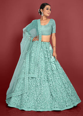 3 Pc Green Net Semi Stitched Lehenga Set