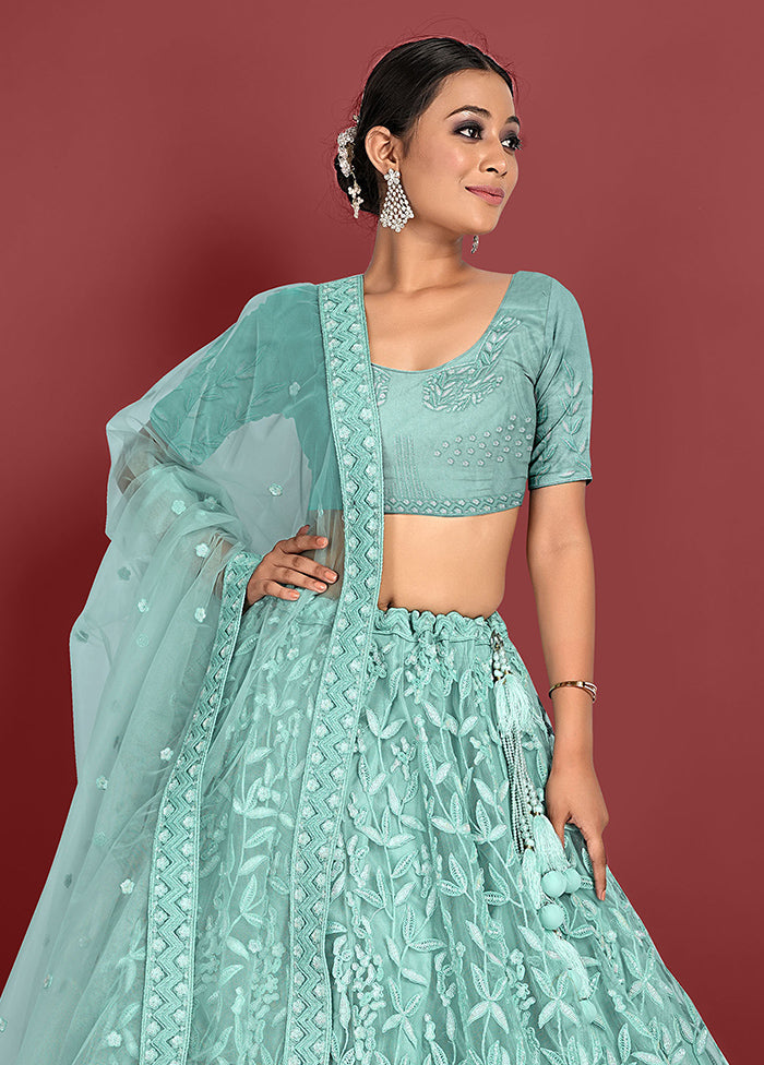 3 Pc Green Net Semi Stitched Lehenga Set