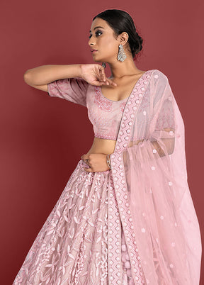 3 Pc Pink Net Semi Stitched Lehenga Set