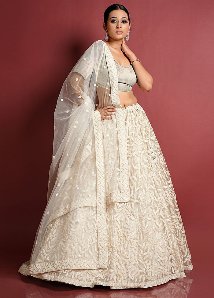 3 Pc White Net Semi Stitched Lehenga Set