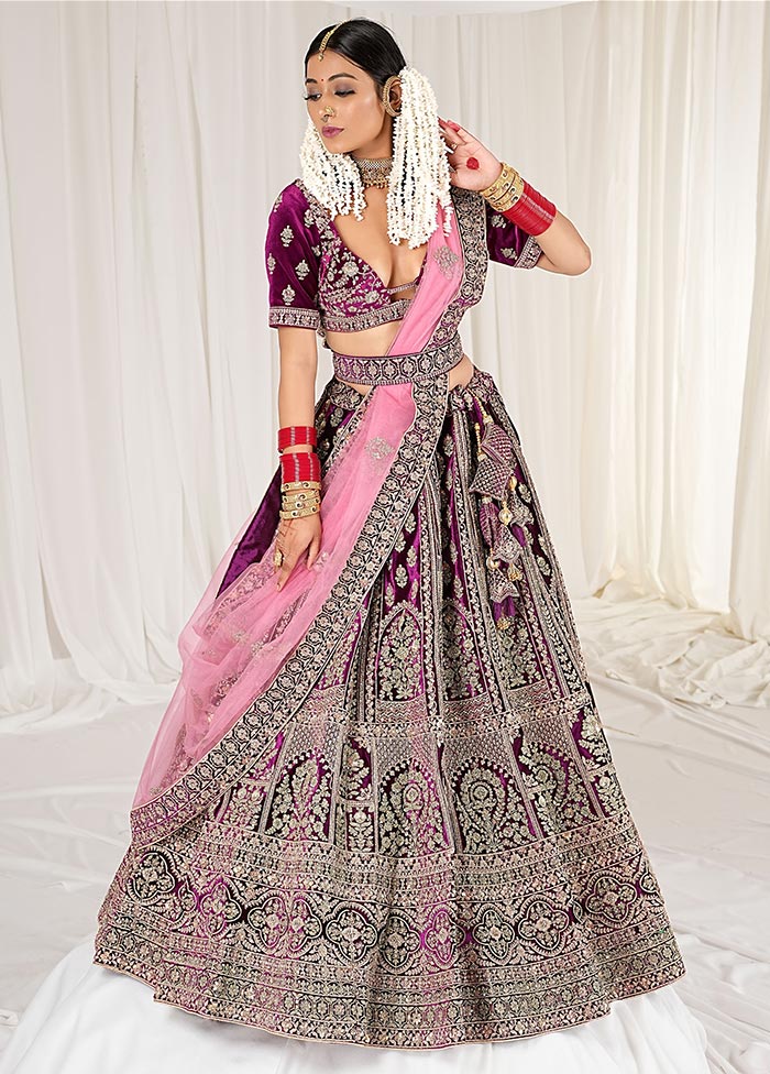 3 Pc Purple Velvet Semi Stitched Bridal Lehenga Set