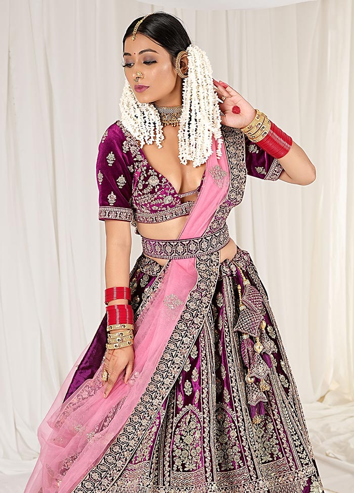 3 Pc Purple Velvet Semi Stitched Bridal Lehenga Set