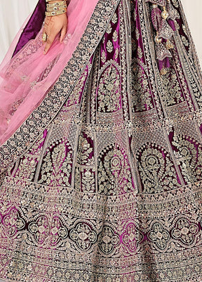 3 Pc Purple Velvet Semi Stitched Bridal Lehenga Set