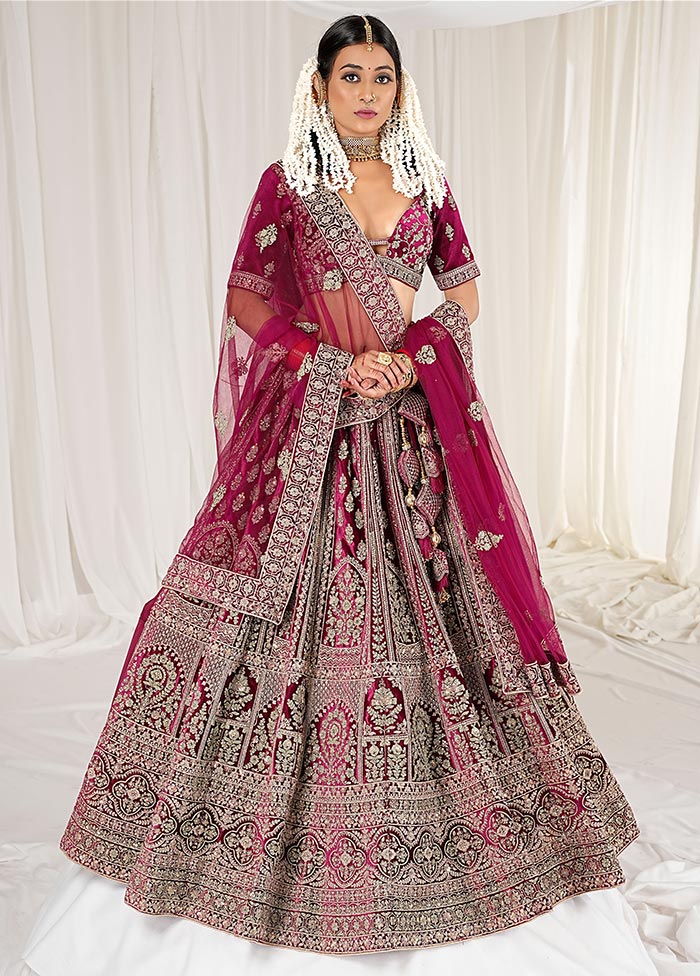 3 Pc Wine Velvet Semi Stitched Bridal Lehenga Set