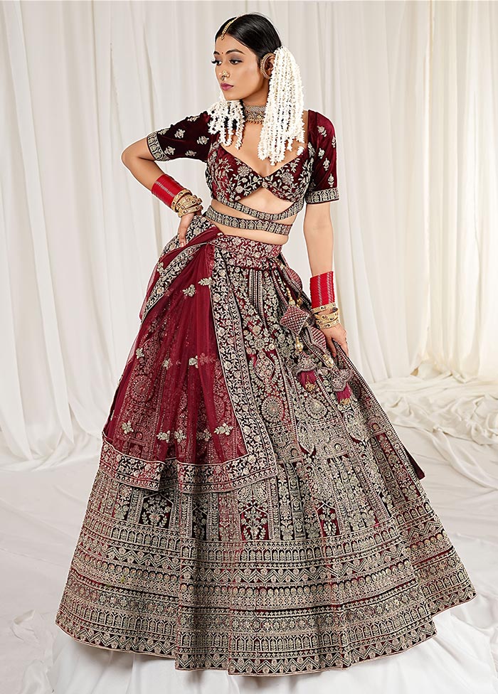 3 Pc Maroon Velvet Semi Stitched Bridal Lehenga Set