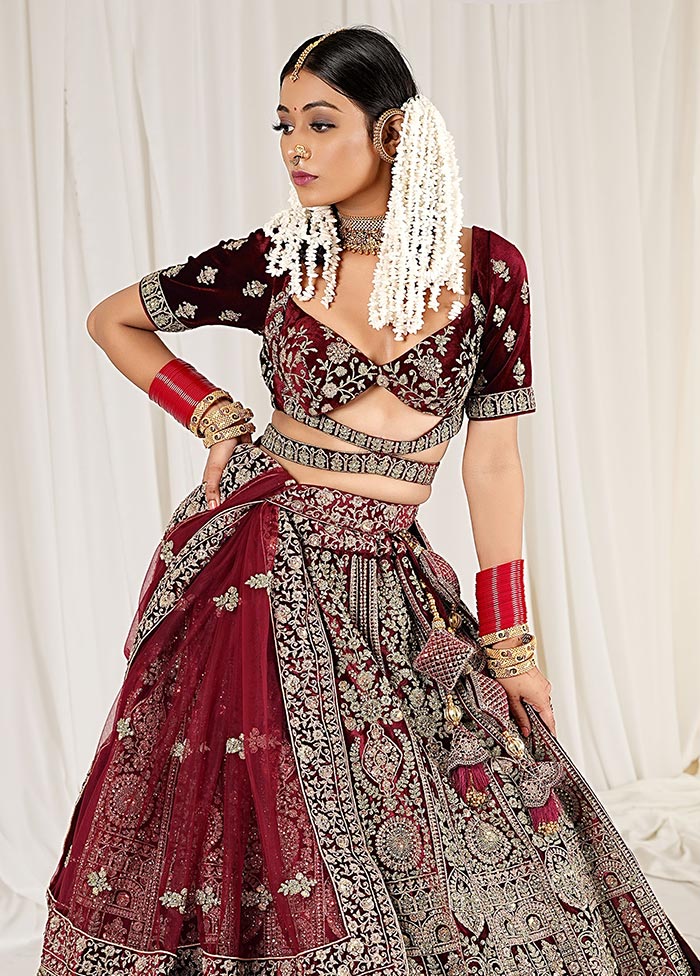 3 Pc Maroon Velvet Semi Stitched Bridal Lehenga Set