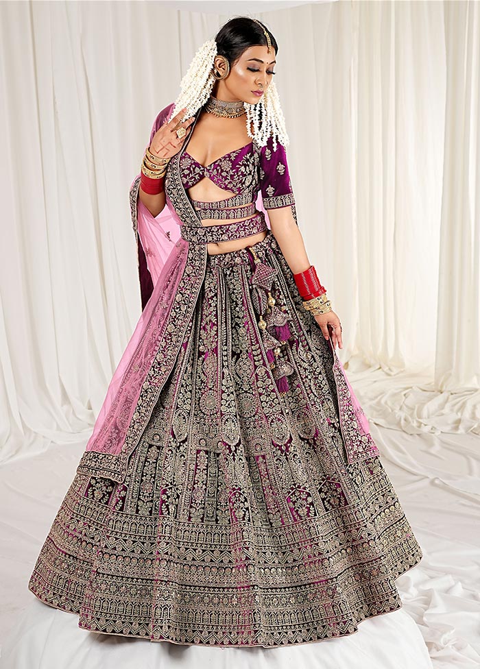 3 Pc Purple Velvet Semi Stitched Bridal Lehenga Set