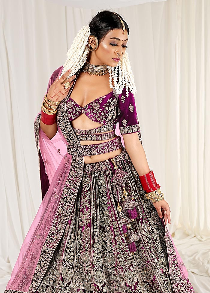 3 Pc Purple Velvet Semi Stitched Bridal Lehenga Set