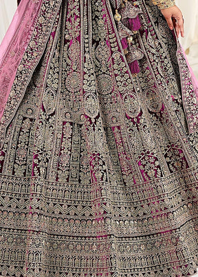 3 Pc Purple Velvet Semi Stitched Bridal Lehenga Set