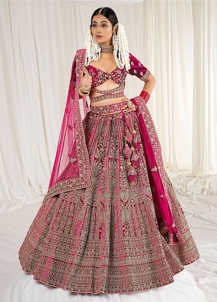 3 Pc Rani Velvet Semi Stitched Bridal Lehenga Set