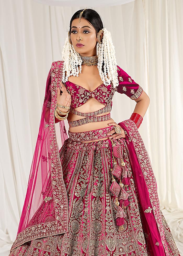 3 Pc Rani Velvet Semi Stitched Bridal Lehenga Set