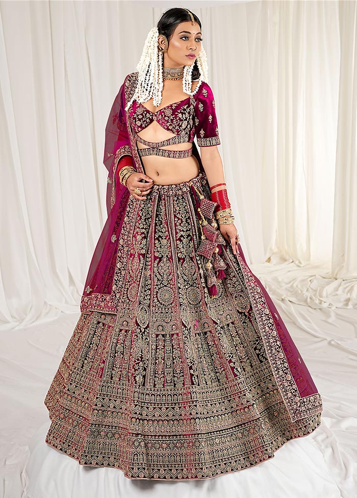 3 Pc Wine Velvet Semi Stitched Bridal Lehenga Set