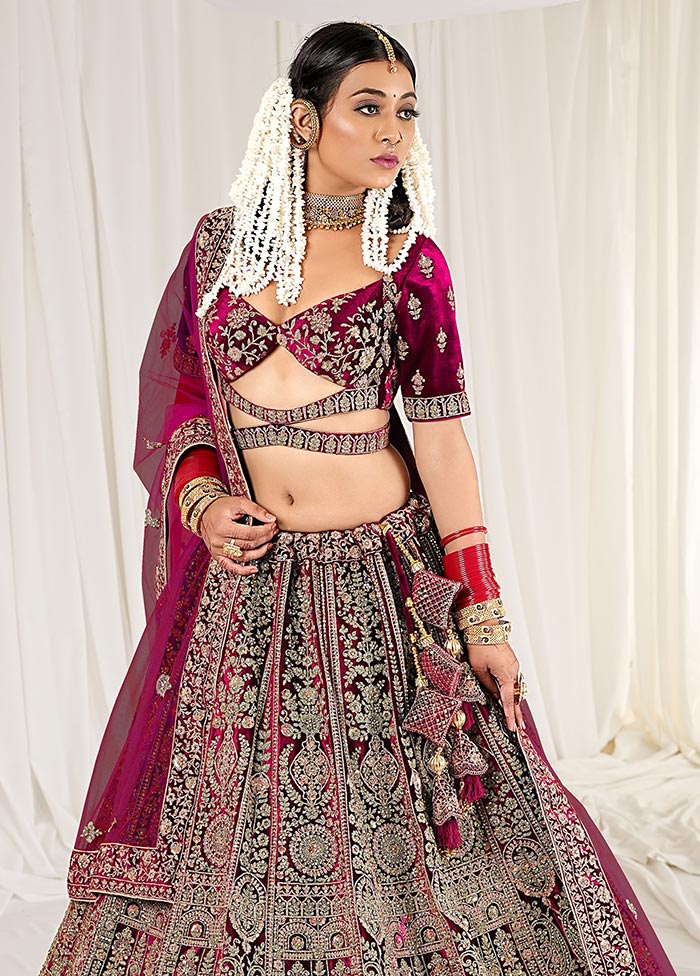 3 Pc Wine Velvet Semi Stitched Bridal Lehenga Set