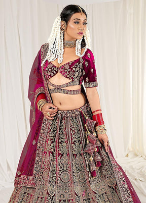 3 Pc Wine Velvet Semi Stitched Bridal Lehenga Set