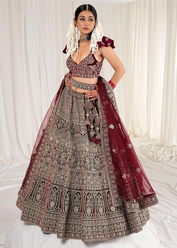 3 Pc Maroon Velvet Semi Stitched Bridal Lehenga Set