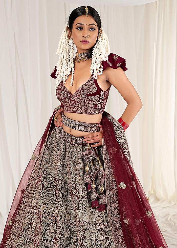 3 Pc Maroon Velvet Semi Stitched Bridal Lehenga Set