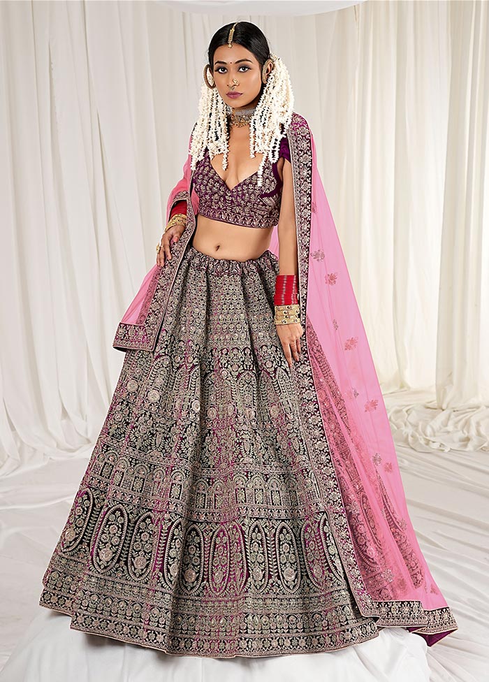 3 Pc Purple Velvet Semi Stitched Bridal Lehenga Set