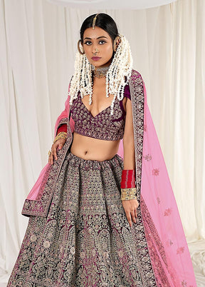 3 Pc Purple Velvet Semi Stitched Bridal Lehenga Set