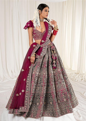 3 Pc Wine Velvet Semi Stitched Bridal Lehenga Set