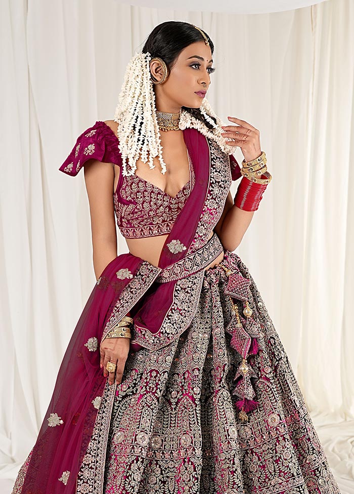 3 Pc Wine Velvet Semi Stitched Bridal Lehenga Set