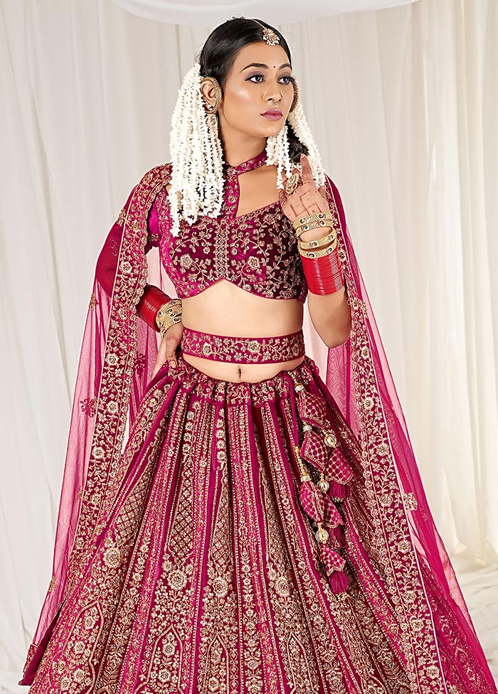 3 Pc Rani Velvet Semi Stitched Bridal Lehenga Set