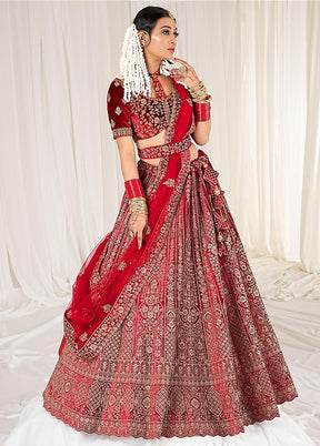 3 Pc Red Velvet Semi Stitched Bridal Lehenga Set