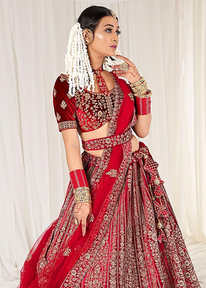 3 Pc Red Velvet Semi Stitched Bridal Lehenga Set