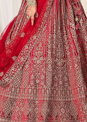 3 Pc Red Velvet Semi Stitched Bridal Lehenga Set