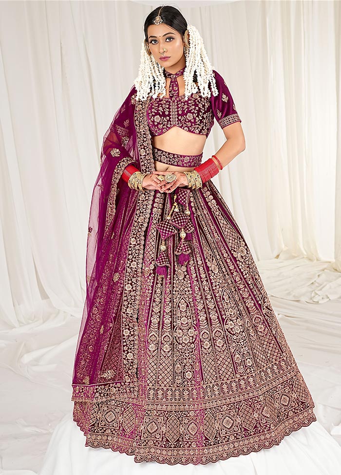 3 Pc Wine Velvet Semi Stitched Bridal Lehenga Set