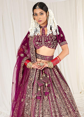 3 Pc Wine Velvet Semi Stitched Bridal Lehenga Set