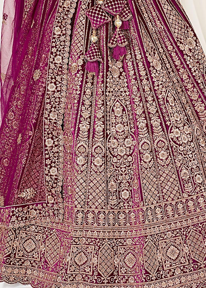 3 Pc Wine Velvet Semi Stitched Bridal Lehenga Set