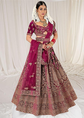 3 Pc Wine Velvet Semi Stitched Bridal Lehenga Set