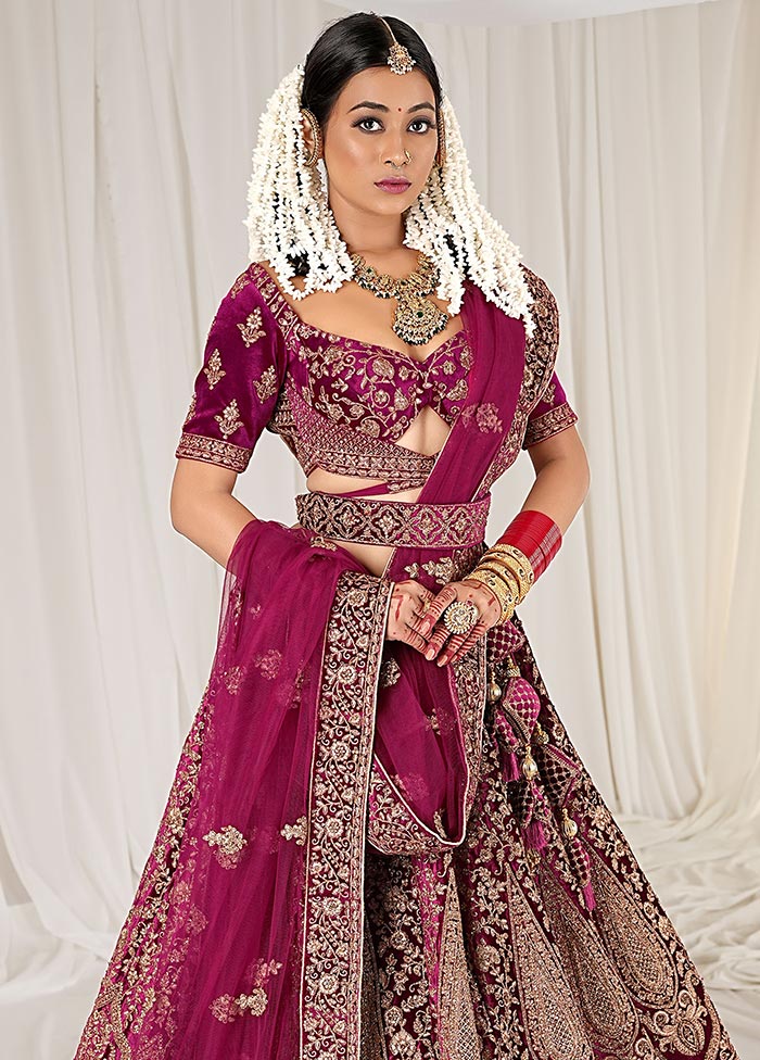 3 Pc Wine Velvet Semi Stitched Bridal Lehenga Set