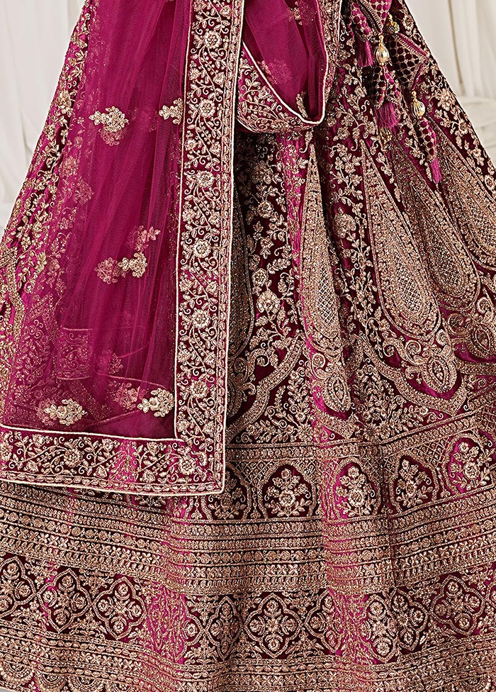 3 Pc Wine Velvet Semi Stitched Bridal Lehenga Set