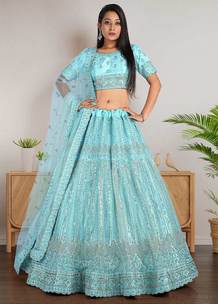 3 Pc Green Net Semi Stitched Lehenga Set