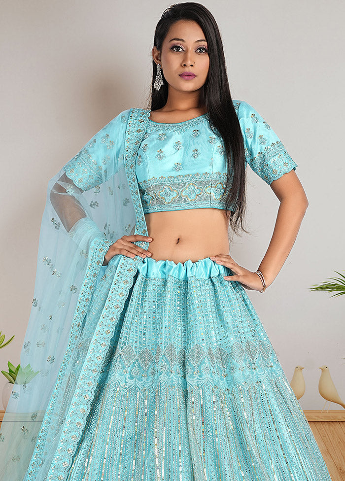 3 Pc Green Net Semi Stitched Lehenga Set