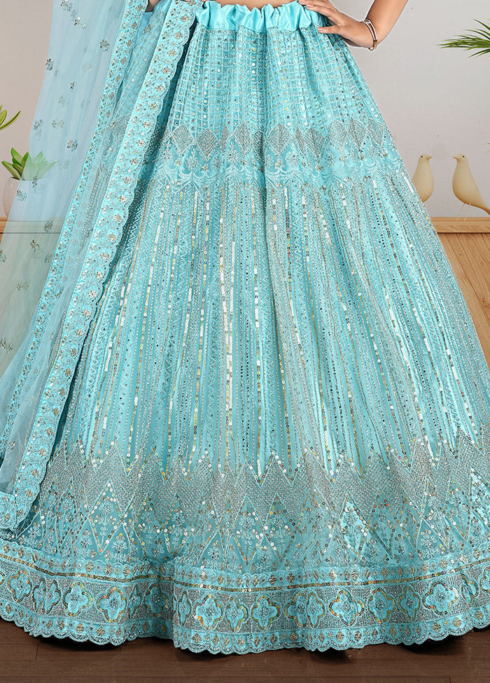 3 Pc Green Net Semi Stitched Lehenga Set