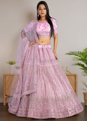 3 Pc Pink Net Semi Stitched Lehenga Set