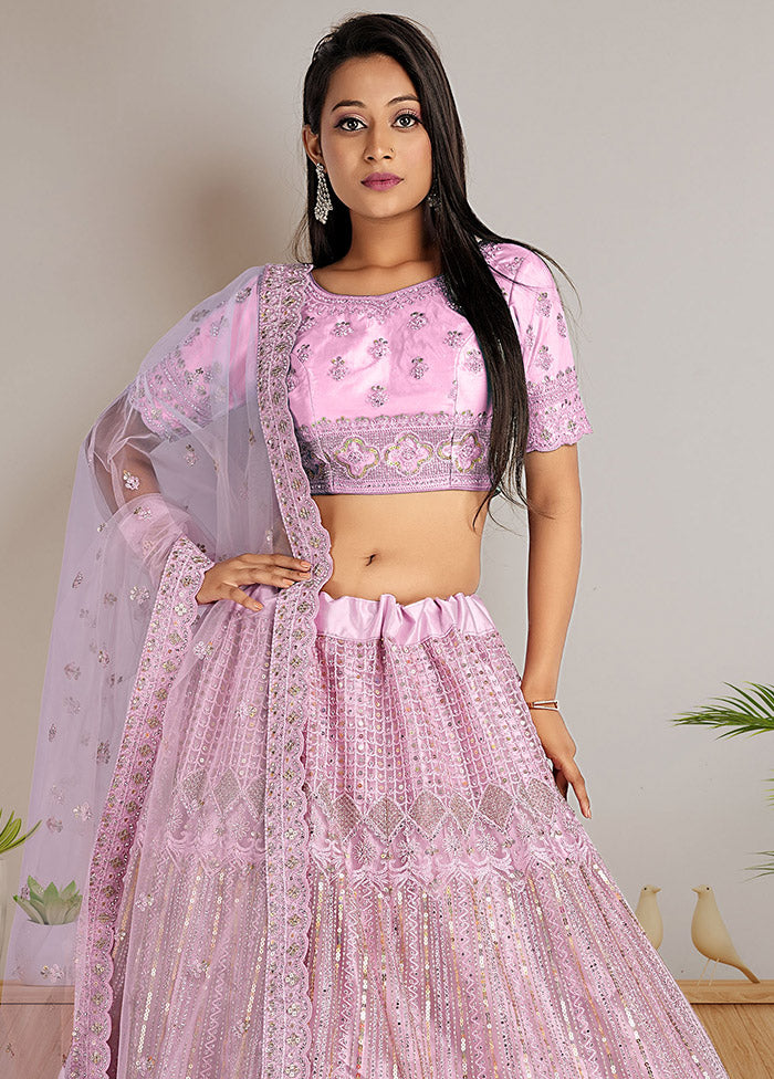 3 Pc Pink Net Semi Stitched Lehenga Set