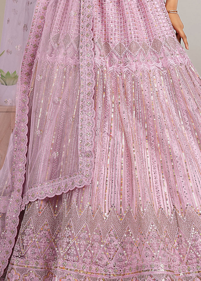 3 Pc Pink Net Semi Stitched Lehenga Set