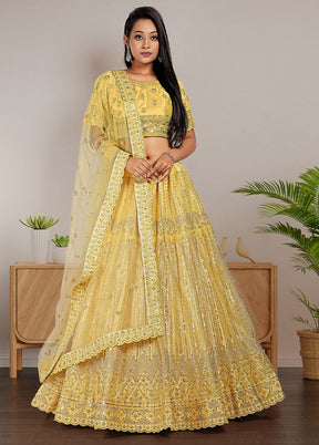 3 Pc Yellow Net Semi Stitched Lehenga Set