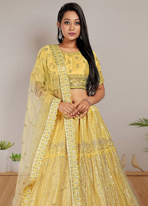 3 Pc Yellow Net Semi Stitched Lehenga Set