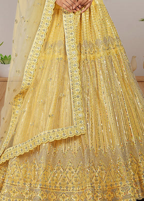 3 Pc Yellow Net Semi Stitched Lehenga Set