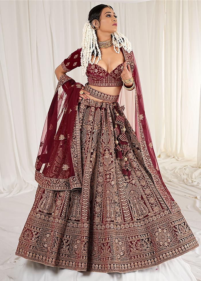 3 Pc Maroon Velvet Semi Stitched Bridal Lehenga Set