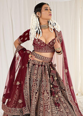 3 Pc Maroon Velvet Semi Stitched Bridal Lehenga Set