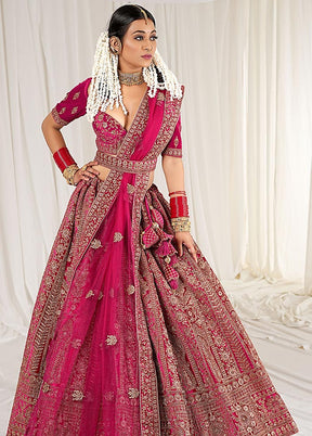 3 Pc Rani Velvet Semi Stitched Bridal Lehenga Set