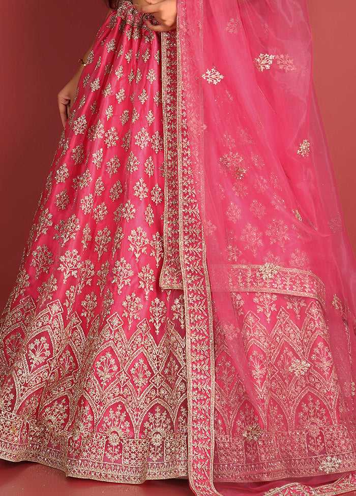 3 Pc Pink Net Semi Stitched Lehenga Set