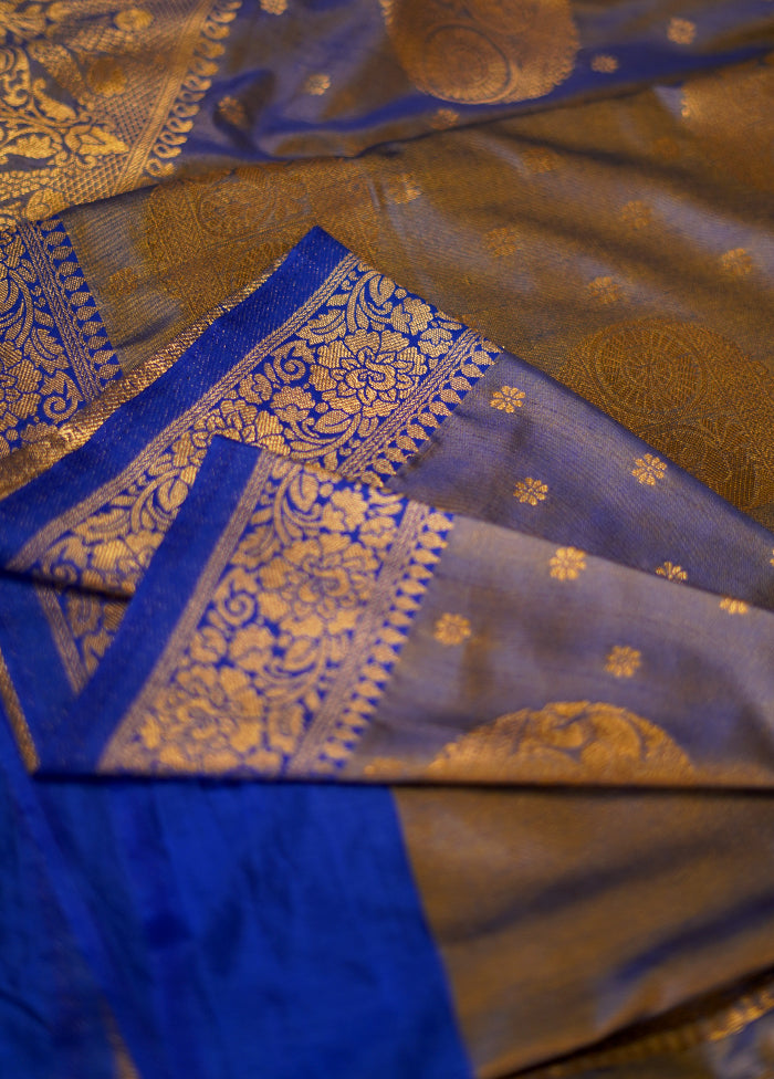 Blue Dupion Silk Saree With Blouse Piece