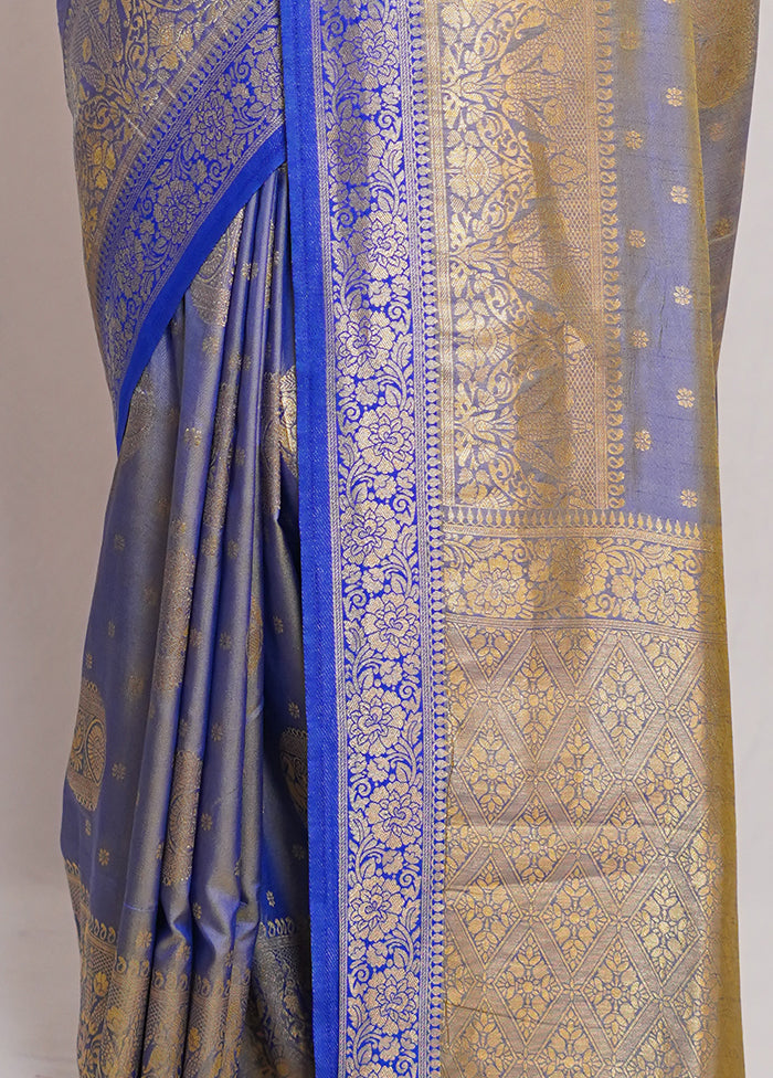 Blue Dupion Silk Saree With Blouse Piece