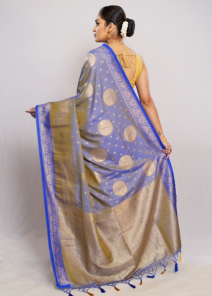 Blue Dupion Silk Saree With Blouse Piece